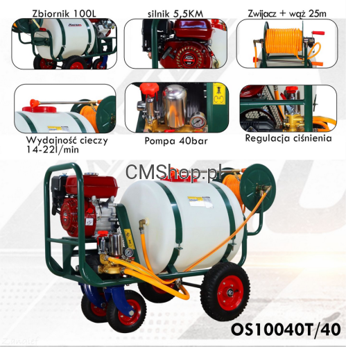 Przejdź do produktu Spalinowy opryskiwacz taczkowy Mastercut OS100T/40 100L, 5.5KM, 40bar